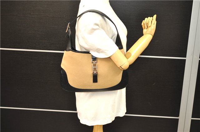 Authentic GUCCI Jackie Shoulder Hand Bag Wool Leather 0013306 Brown Black 0374E