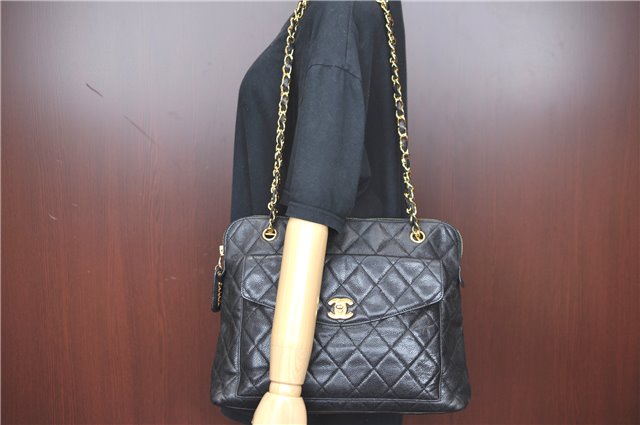 Authentic CHANEL Matelasse Caviar Skin Chain Shoulder Bag Purse Black 0375B