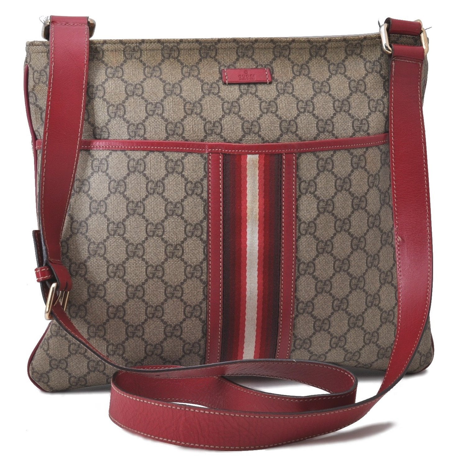 Authentic GUCCI Shoulder Cross Body Bag GG PVC Leather 201446 Brown Red 0377D