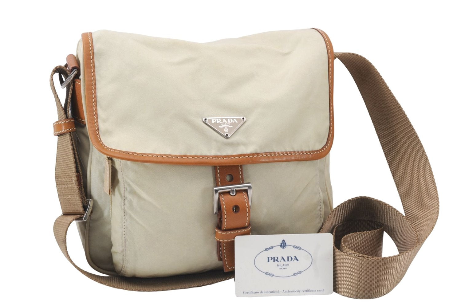 Authentic PRADA VELA SPORT Nylon Leather Shoulder Cross Bag BT0173 Ivory 0377E
