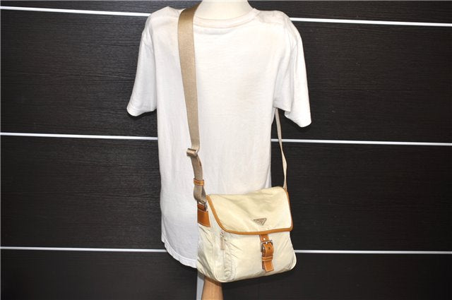 Authentic PRADA VELA SPORT Nylon Leather Shoulder Cross Bag BT0173 Ivory 0377E