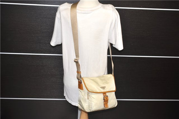 Authentic PRADA VELA SPORT Nylon Leather Shoulder Cross Bag BT0173 Ivory 0377E