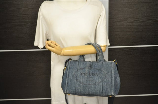 Authentic PRADA Canapa SS Denim 2Way Shoulder Hand Bag Purse B2439G Blue 0378D