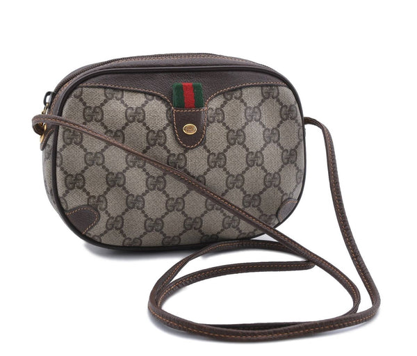 Auth GUCCI Web Sherry Line Shoulder Cross Body Bag GG PVC Leather Brown 0390D