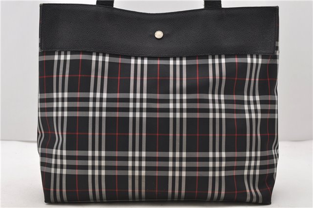 Authentic BURBERRY Check Shoulder Tote Bag Nylon Leather Black 0394D