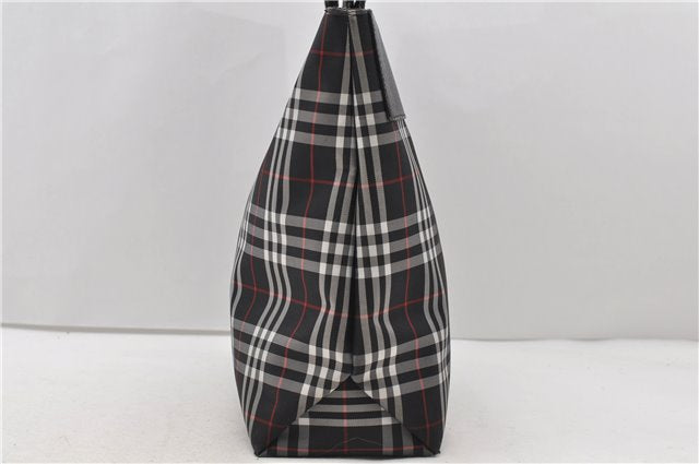 Authentic BURBERRY Check Shoulder Tote Bag Nylon Leather Black 0394D