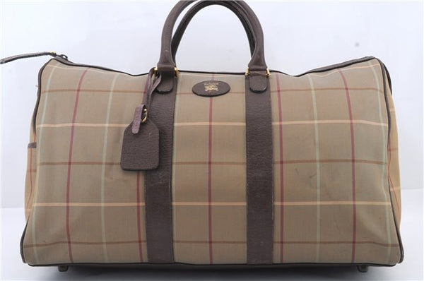 Auth Burberrys Vintage Check Canvas Travel Boston Bag Khaki Green Brown 0397D