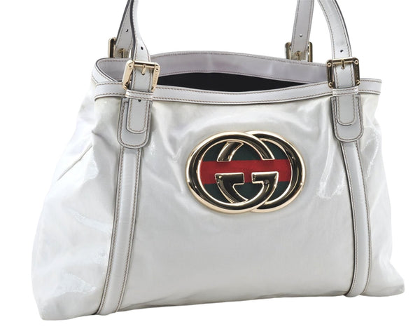 Authentic GUCCI Web Sherry Line New Britt Tote Bag PVC Leather White 0403E