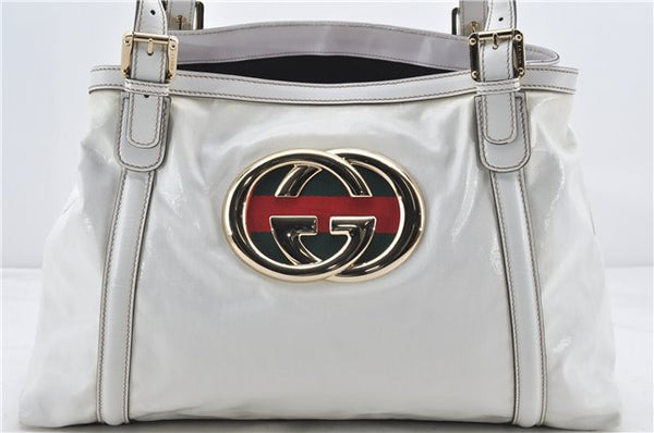 Authentic GUCCI Web Sherry Line New Britt Tote Bag PVC Leather White 0403E