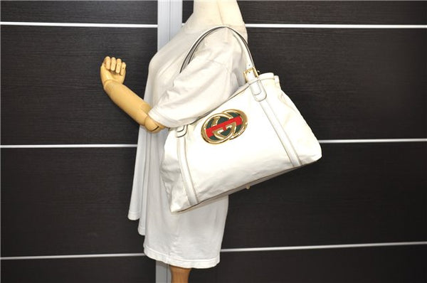 Authentic GUCCI Web Sherry Line New Britt Tote Bag PVC Leather White 0403E