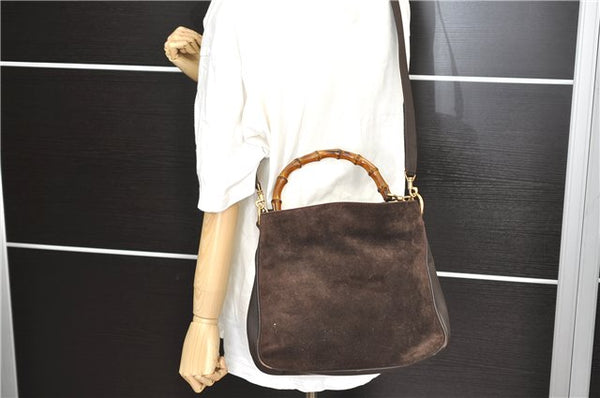 Authentic GUCCI Bamboo 2Way Shoulder Hand Bag Purse Suede Leather Brown 0426D