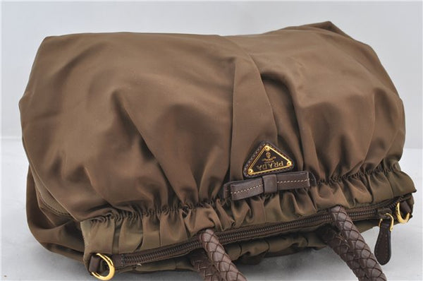 Authentic PRADA Nylon Tessuto Bow 2Way Shoulder Hand Bag Purse Brown Khaki 0442E