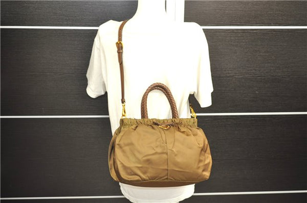 Authentic PRADA Nylon Tessuto Bow 2Way Shoulder Hand Bag Purse Brown Khaki 0442E