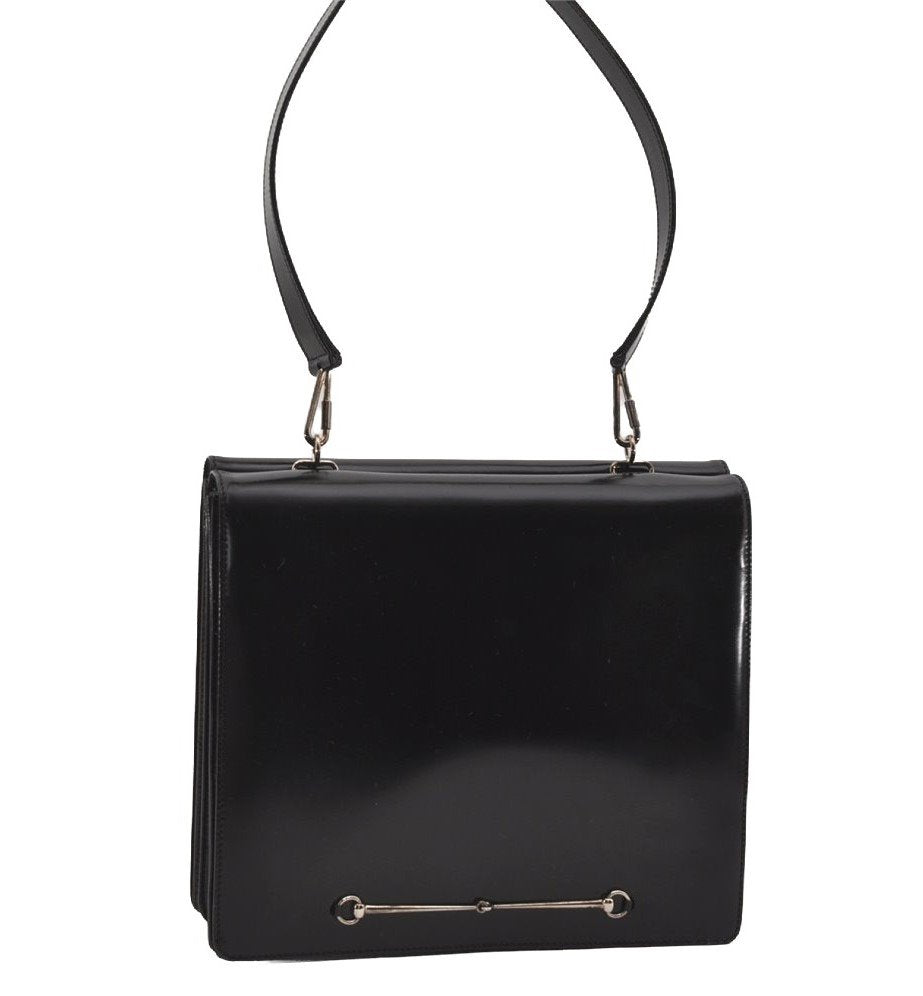 Authentic GUCCI Vintage Horsebit Shoulder Hand Bag Purse Leather Black 0444I