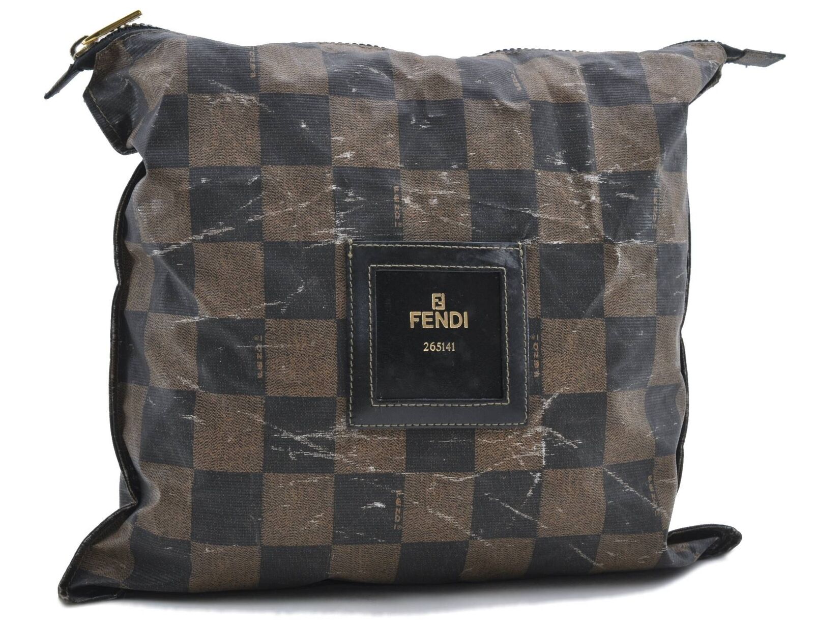 Authentic FENDI Check Pattern Clutch Bag Pouch Nylon Leather Brown 0457C