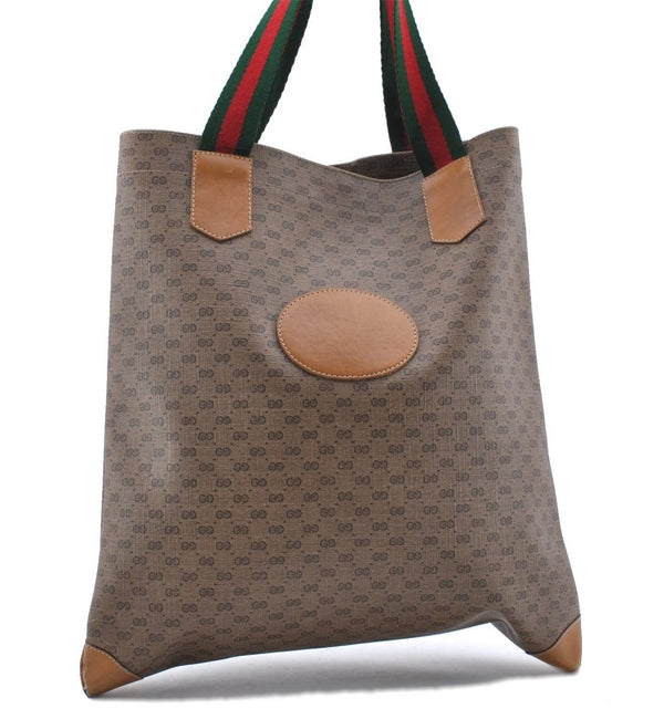 Auth GUCCI Web Sherry Line Micro GG Shoulder Tote Bag PVC Leather Brown 0461D