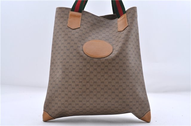 Auth GUCCI Web Sherry Line Micro GG Shoulder Tote Bag PVC Leather Brown 0461D