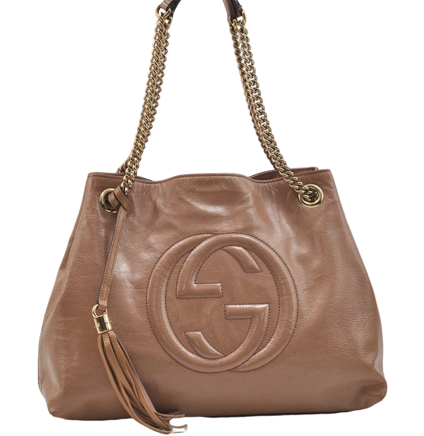 Authentic GUCCI SOHO Tassel Chain Shoulder Tote Bag PVC 308982 Beige Pink 0472E