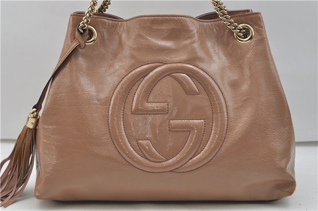 Authentic GUCCI SOHO Tassel Chain Shoulder Tote Bag PVC 308982 Beige Pink 0472E