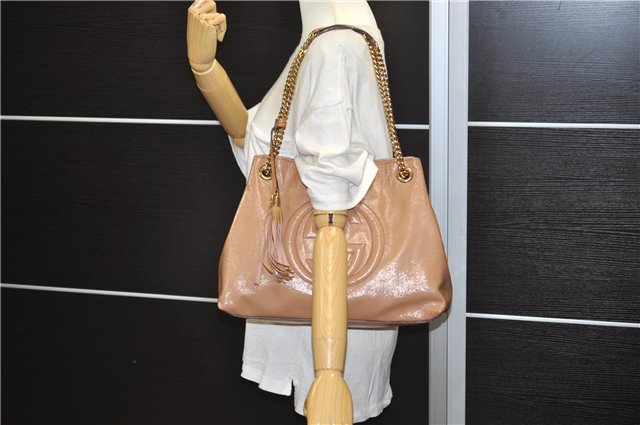Authentic GUCCI SOHO Tassel Chain Shoulder Tote Bag PVC 308982 Beige Pink 0472E