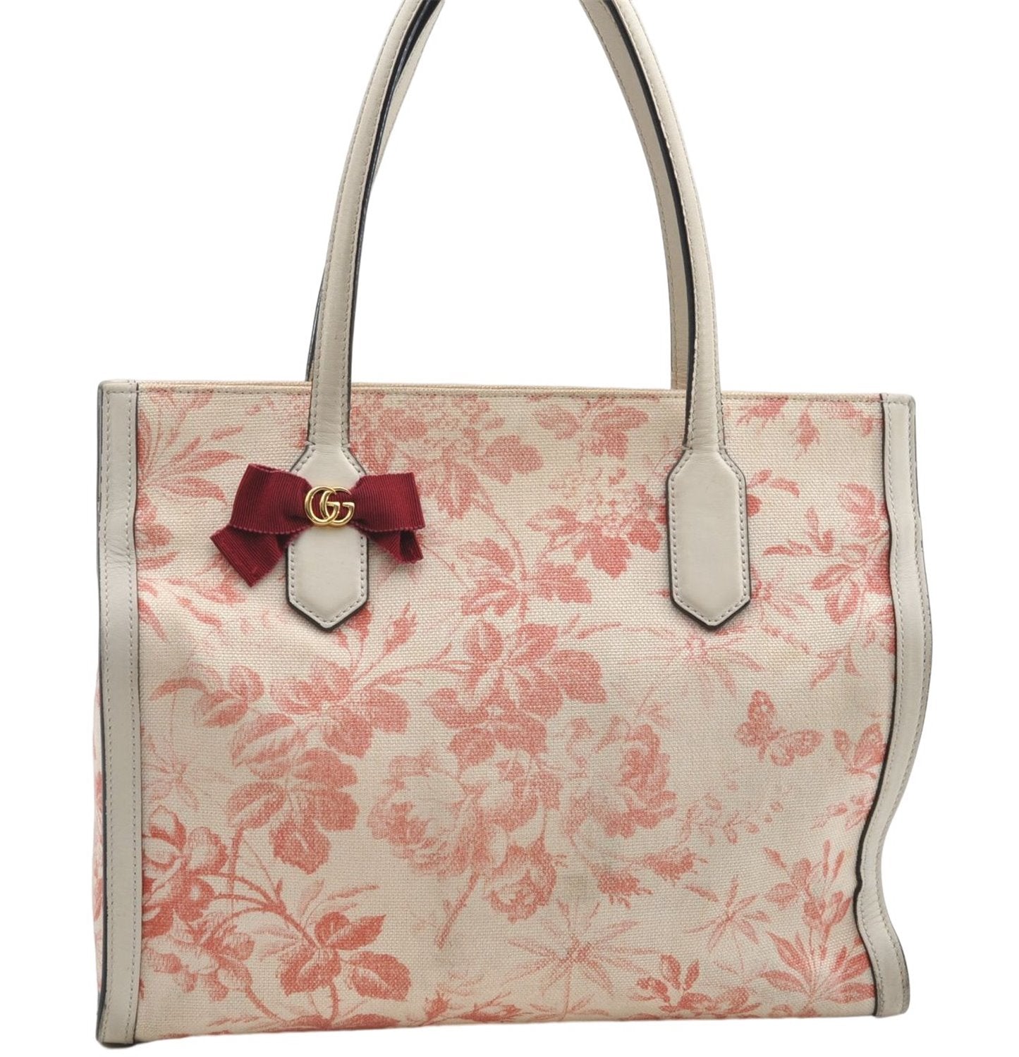 Authentic GUCCI GG Ribbon Herbarium Tote Bag Canvas Leather 432684 Ivory 0473E