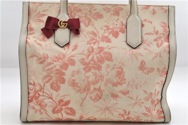 Authentic GUCCI GG Ribbon Herbarium Tote Bag Canvas Leather 432684 Ivory 0473E