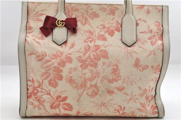 Authentic GUCCI GG Ribbon Herbarium Tote Bag Canvas Leather 432684 Ivory 0473E