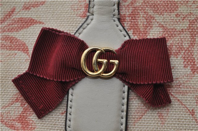 Authentic GUCCI GG Ribbon Herbarium Tote Bag Canvas Leather 432684 Ivory 0473E