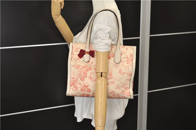 Authentic GUCCI GG Ribbon Herbarium Tote Bag Canvas Leather 432684 Ivory 0473E