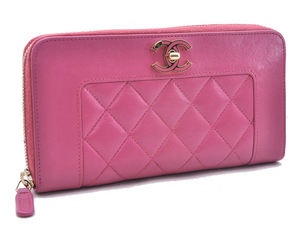 Authentic CHANEL Lamb Skin Turnlock Motif Matelasse Long Wallet Pink CC 0475F