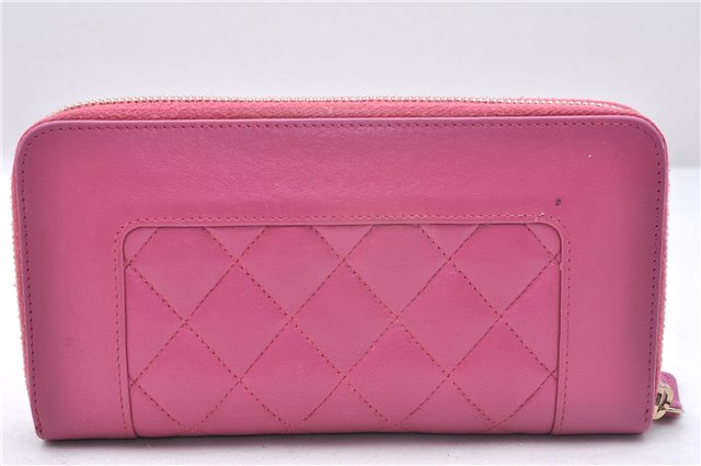 Authentic CHANEL Lamb Skin Turnlock Motif Matelasse Long Wallet Pink CC 0475F