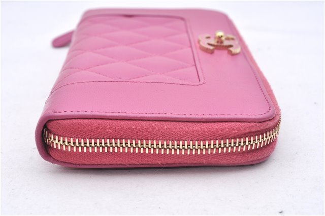 Authentic CHANEL Lamb Skin Turnlock Motif Matelasse Long Wallet Pink CC 0475F