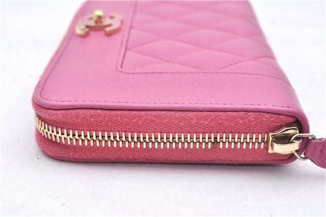 Authentic CHANEL Lamb Skin Turnlock Motif Matelasse Long Wallet Pink CC 0475F