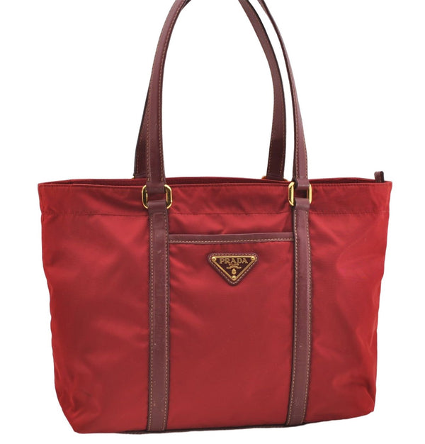 Authentic PRADA Nylon Tessuto Leather Shoulder Tote Bag Red 0479E