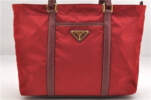 Authentic PRADA Nylon Tessuto Leather Shoulder Tote Bag Red 0479E
