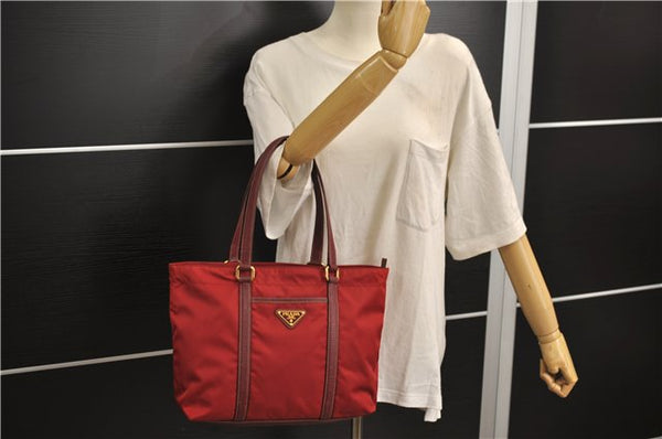 Authentic PRADA Nylon Tessuto Leather Shoulder Tote Bag Red 0479E