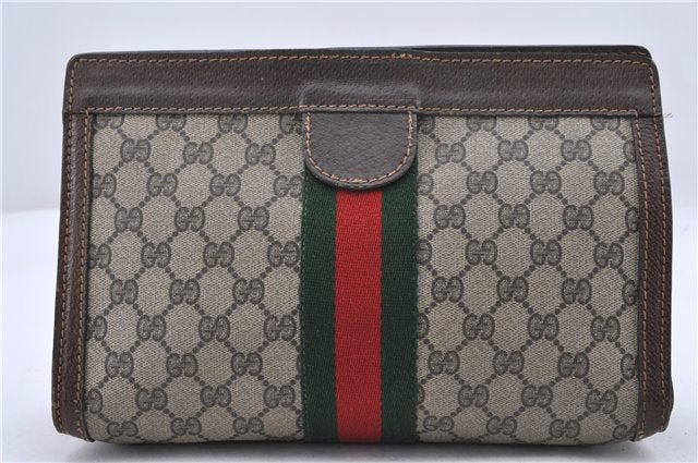 Authentic GUCCI Web Sherry Line Clutch Hand Bag Purse GG PVC Leather Brown 0494D