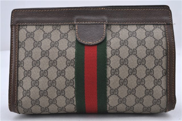 Authentic GUCCI Web Sherry Line Clutch Hand Bag Purse GG PVC Leather Brown 0494D