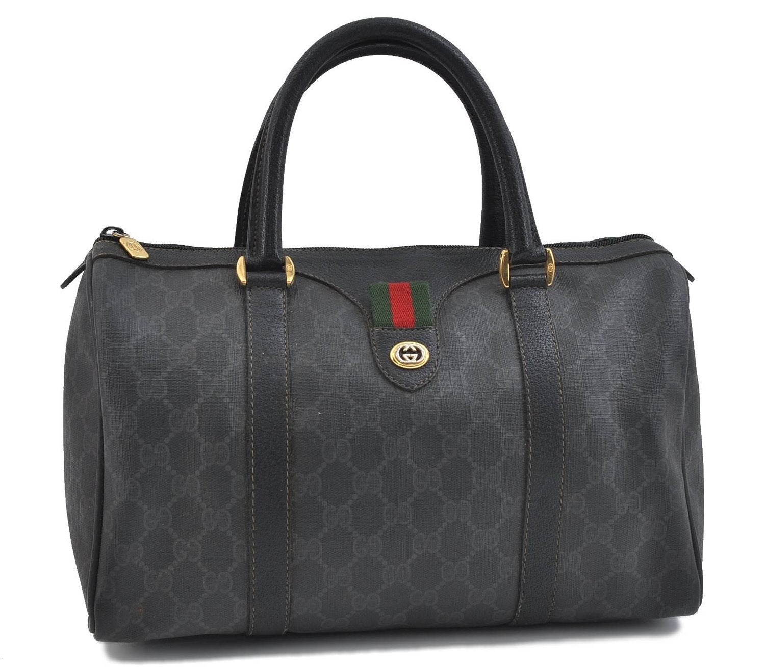 Authentic GUCCI Web Sherry Line Hand Boston Bag GG PVC Leather Black 0495D