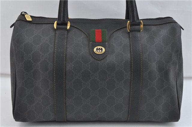 Authentic GUCCI Web Sherry Line Hand Boston Bag GG PVC Leather Black 0495D