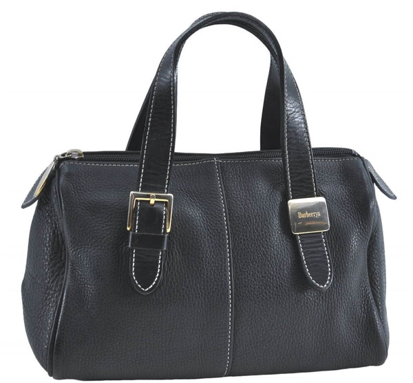 Authentic Burberrys Vintage Leather Hand Boston Bag Purse Black 0496B