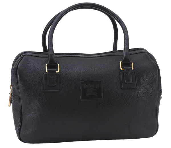 Authentic Burberrys Vintage Leather Hand Boston Bag Purse Black 0497E