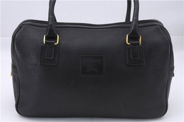 Authentic Burberrys Vintage Leather Hand Boston Bag Purse Black 0497E