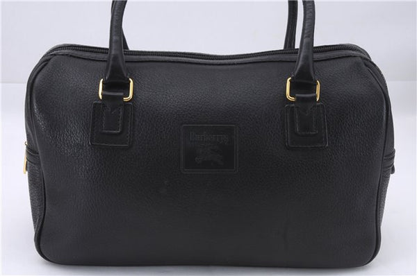 Authentic Burberrys Vintage Leather Hand Boston Bag Purse Black 0497E