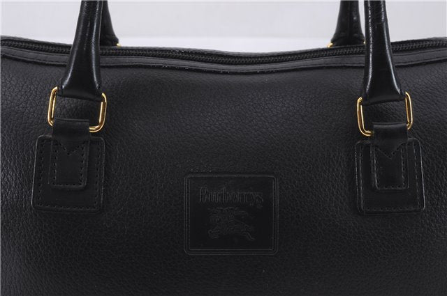 Authentic Burberrys Vintage Leather Hand Boston Bag Purse Black 0497E