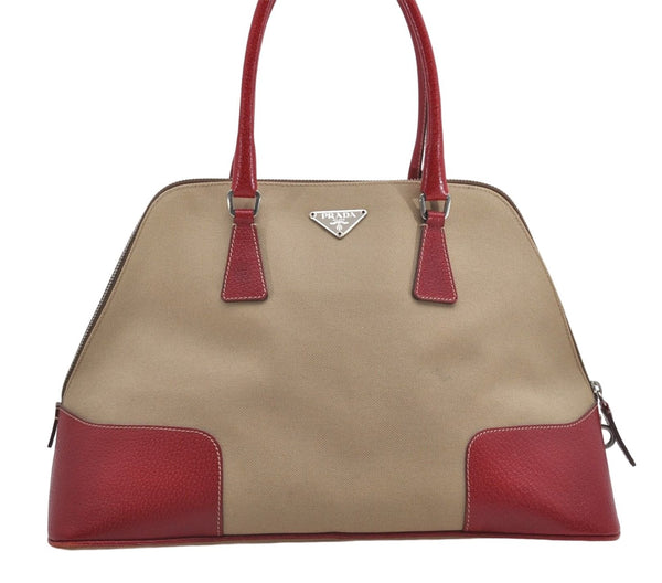 Authentic PRADA Canvas Leather Shoulder Hand Bag Beige Red 0502E