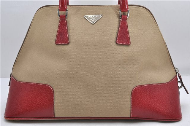 Authentic PRADA Canvas Leather Shoulder Hand Bag Beige Red 0502E