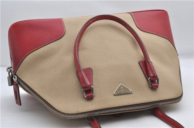 Authentic PRADA Canvas Leather Shoulder Hand Bag Beige Red 0502E