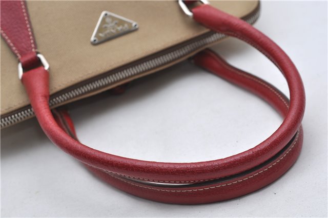 Authentic PRADA Canvas Leather Shoulder Hand Bag Beige Red 0502E