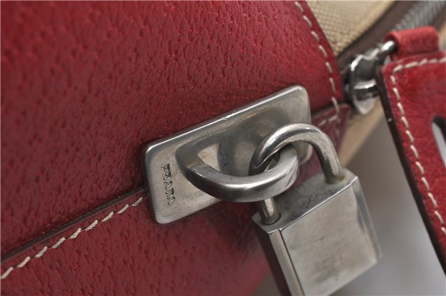 Authentic PRADA Canvas Leather Shoulder Hand Bag Beige Red 0502E